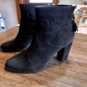 Ann Klein Leather Suede Ankle Boots‎ Block Heel Tassel Zip Booties Black Shoes 8